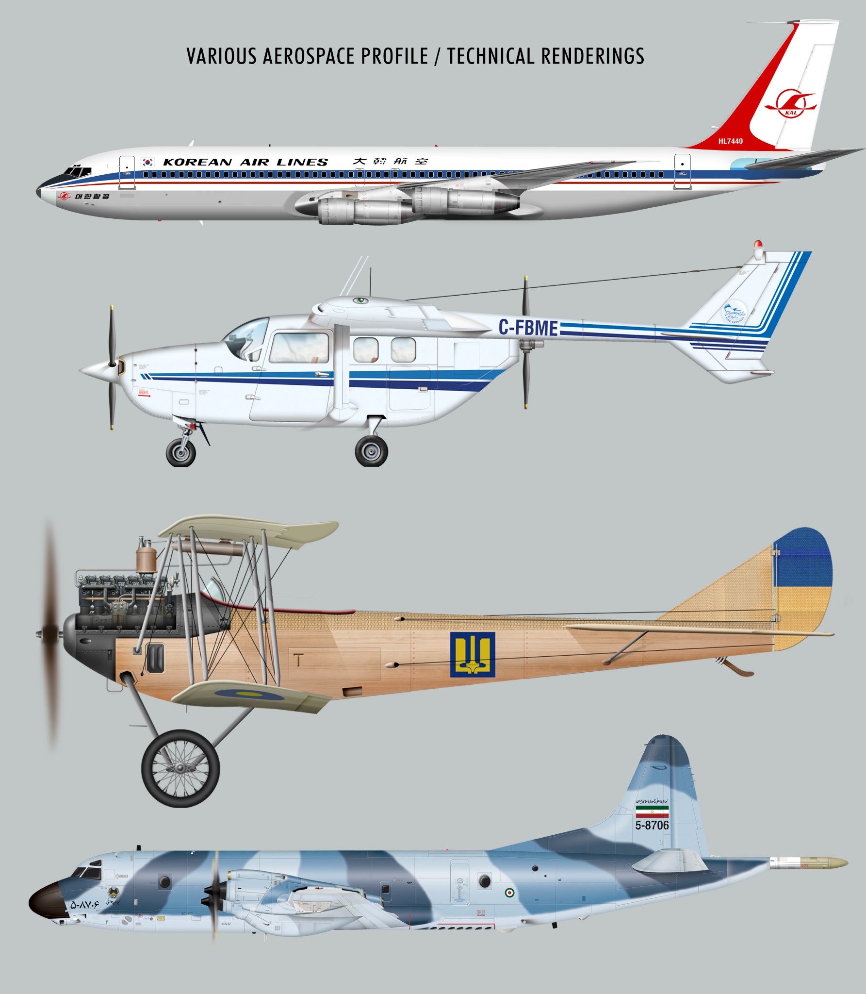Technical aerospace profile renderings featuring commercial, utility, historic, and military aircraft